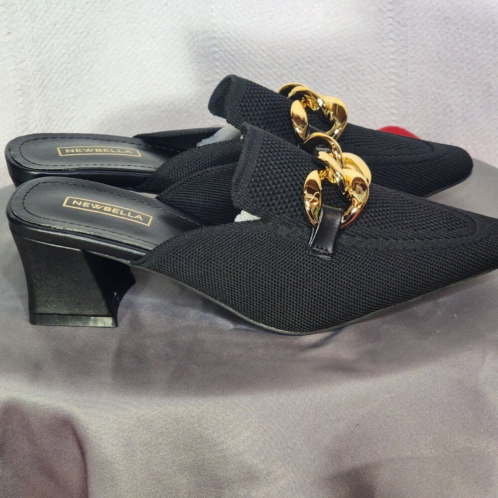 Newbella Black Mousse Fit Pointed Toe Square Heel Gold Tone Chain Dress Mule 7.5 - Picture 6 of 16